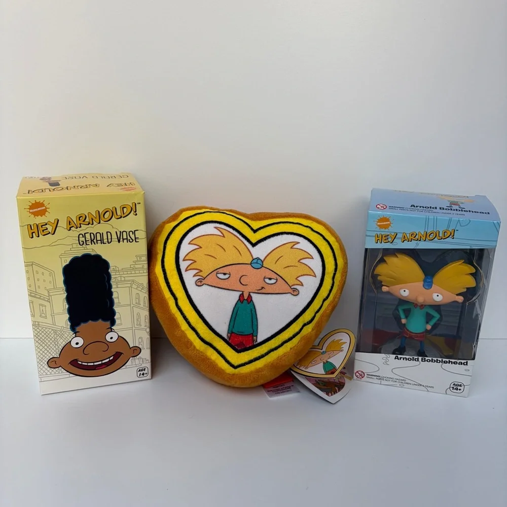 NWT Hey Arnold!‎ The Nick Box Exclusive Lot Set of 3 Bobblehead Vase Plush Heart